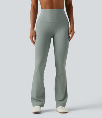Ribbed Knit High Waisted Tummy Control Bootcut Workout Leggings with Pockets