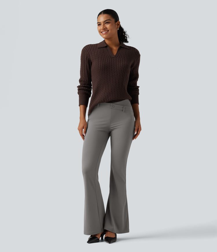 Halara Flex™ V-Shaped High Waisted Asymmetric Wrinkle Recovery Flare Work Pants with Pockets Halara Flex™ V-Shaped High Waisted Asymmetric Wrinkle Recovery Flare Work Pants with Pockets