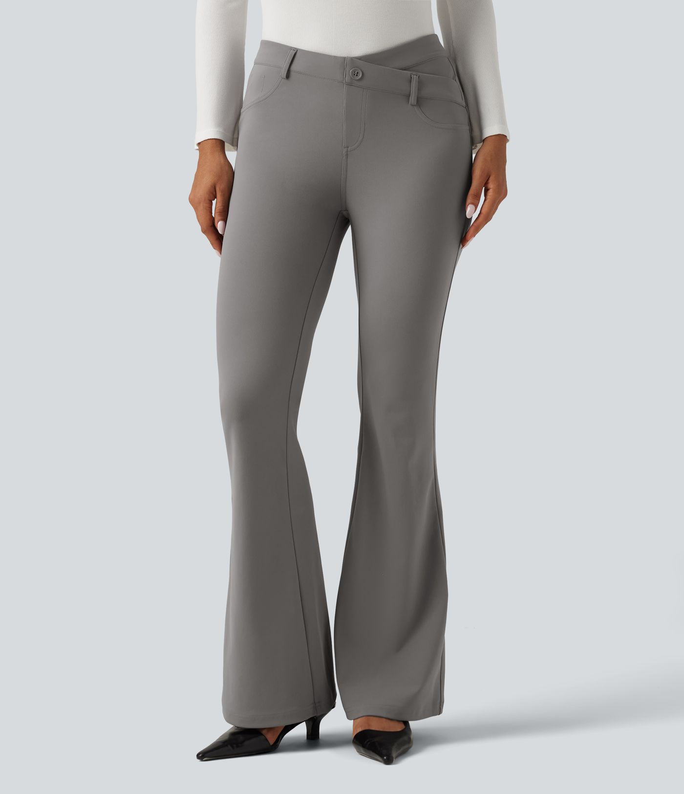 Halara Flex™ V-Shaped High Waisted Asymmetric Wrinkle Recovery Flare Work Pants with Pockets Halara Flex™ V-Shaped High Waisted Asymmetric Wrinkle Recovery Flare Work Pants with Pockets