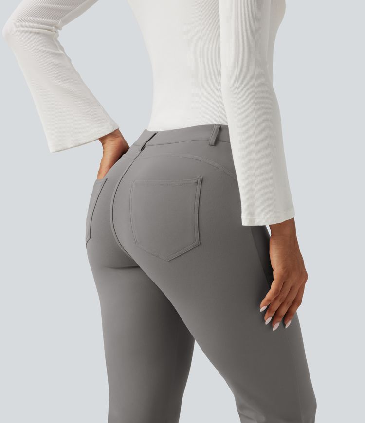 Halara Flex™ V-Shaped High Waisted Asymmetric Wrinkle Recovery Flare Work Pants with Pockets Halara Flex™ V-Shaped High Waisted Asymmetric Wrinkle Recovery Flare Work Pants with Pockets