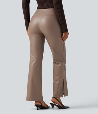High Waisted Bootcut Stretchy PU Fleece Casual Pants with Pockets