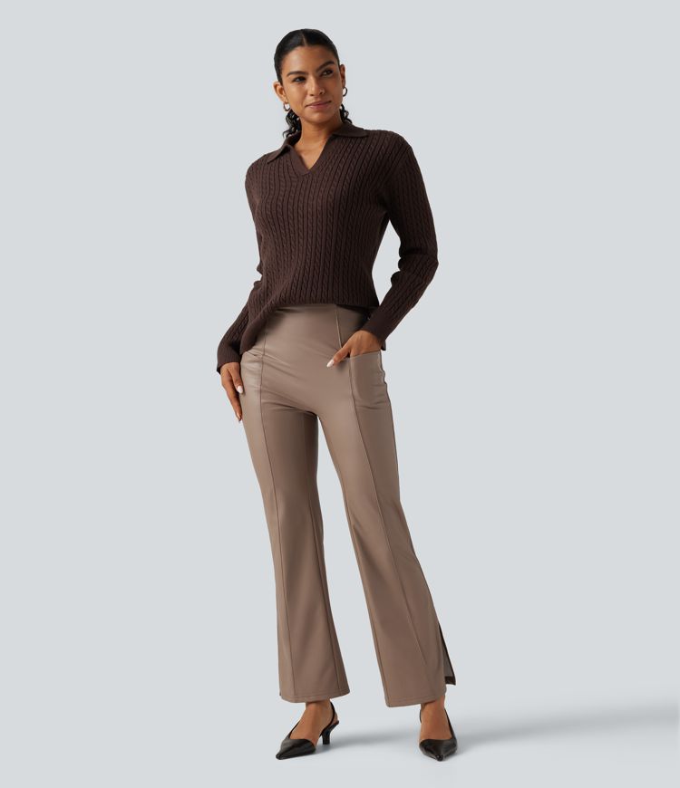 High Waisted Bootcut Stretchy PU Fleece Casual Pants with Pockets