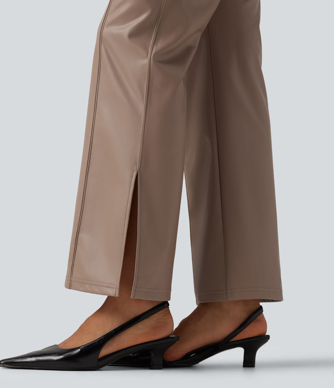 High Waisted Bootcut Stretchy PU Fleece Casual Pants with Pockets