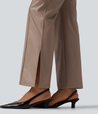 High Waisted Bootcut Stretchy PU Fleece Casual Pants with Pockets
