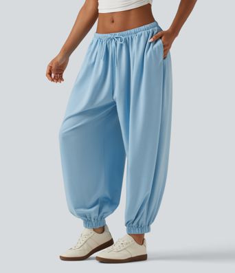 Low Rise Drawstring Oversized Casual Bubble Sweatpants with Pockets