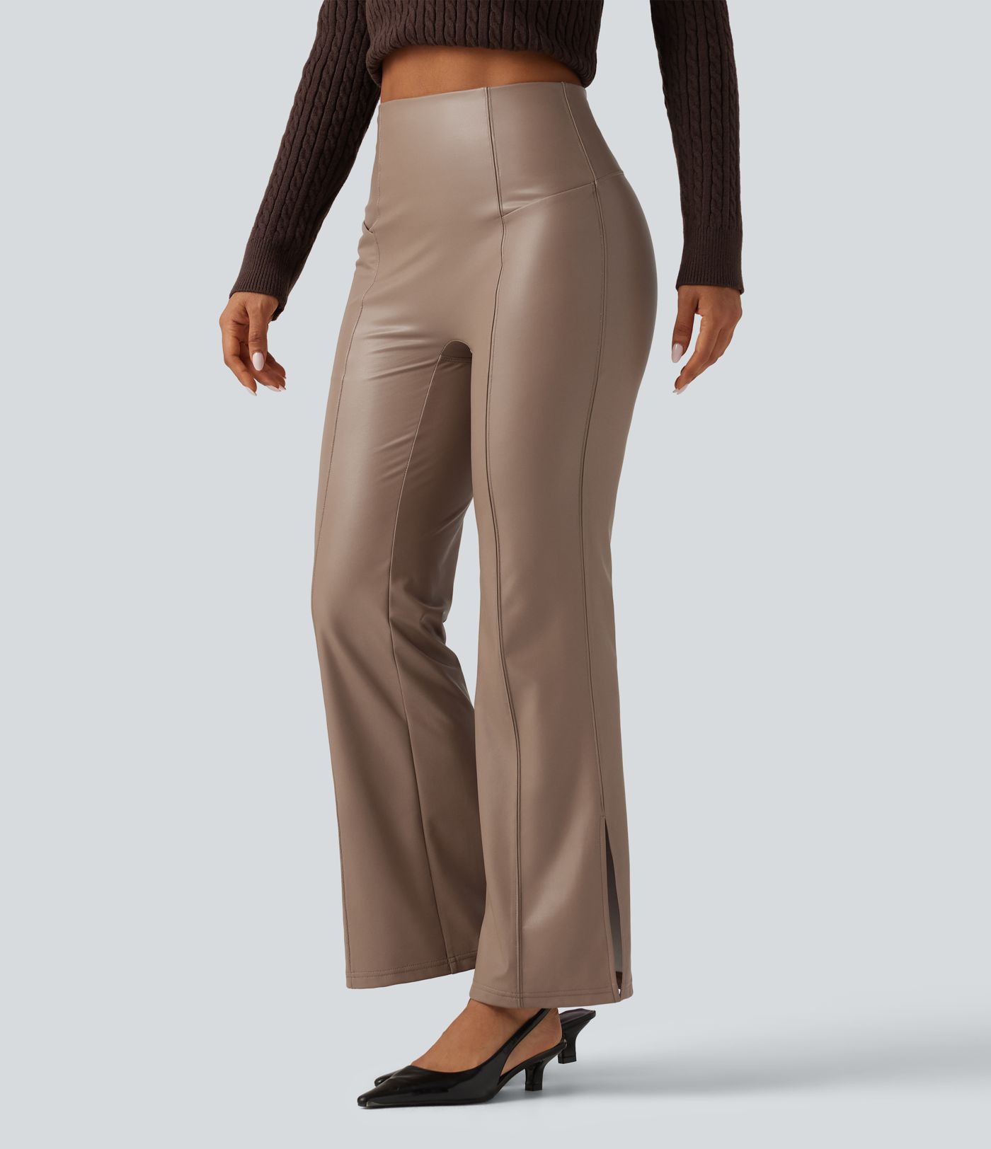 High Waisted Bootcut Stretchy PU Fleece Casual Pants with Pockets