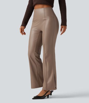 High Waisted Bootcut Stretchy PU Fleece Casual Pants with Pockets