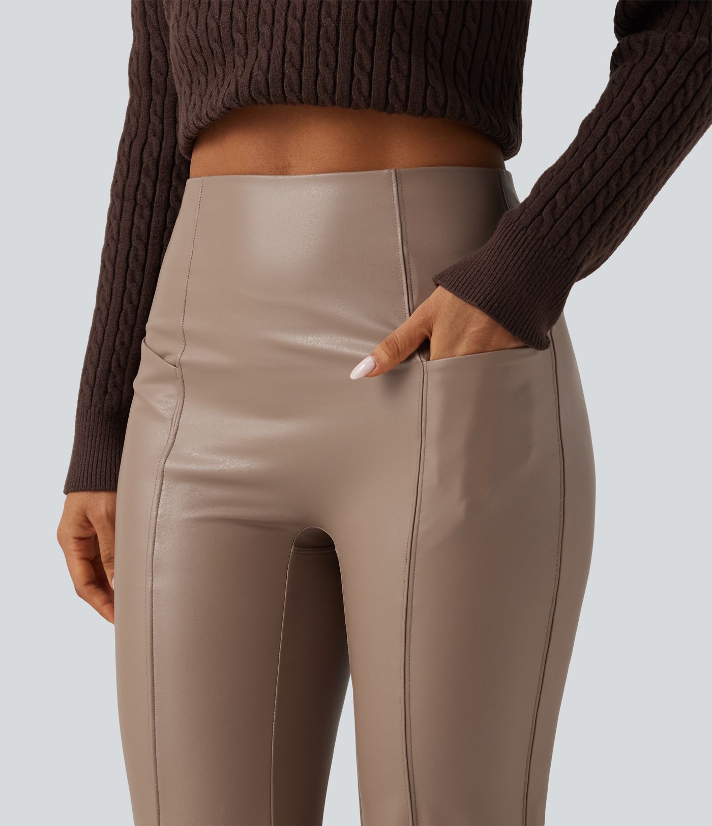 High Waisted Bootcut Stretchy PU Fleece Casual Pants with Pockets