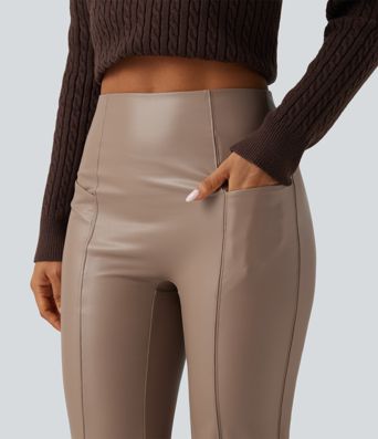 High Waisted Bootcut Stretchy PU Fleece Casual Pants with Pockets