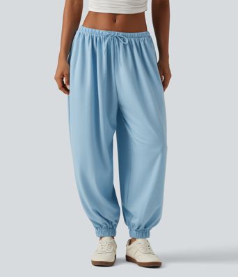 Low Rise Drawstring Oversized Casual Bubble Sweatpants with Pockets