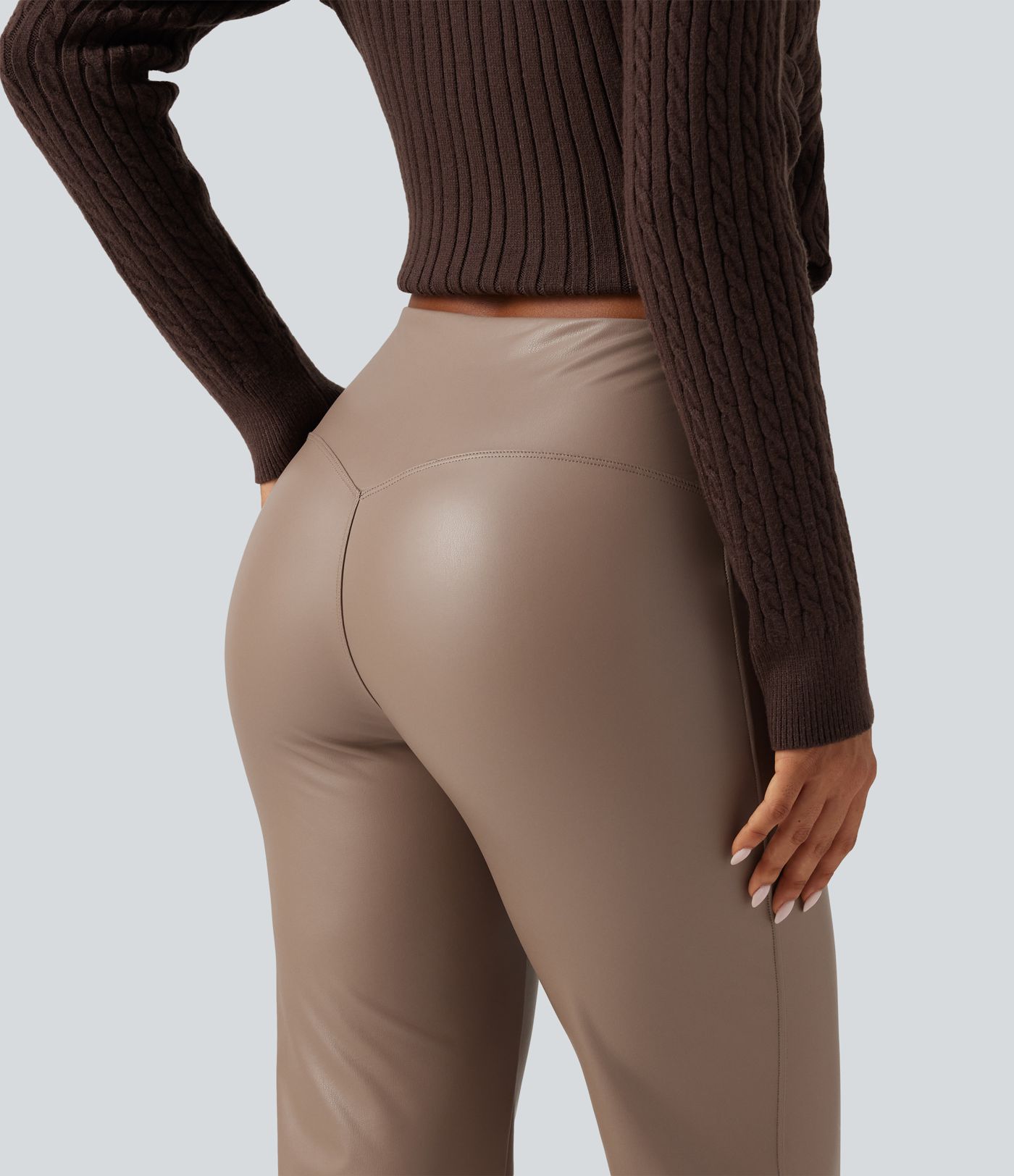 High Waisted Bootcut Stretchy PU Fleece Casual Pants with Pockets