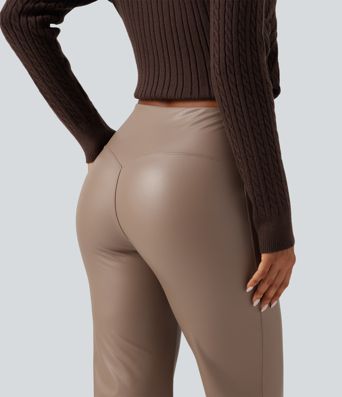High Waisted Bootcut Stretchy PU Fleece Casual Pants with Pockets