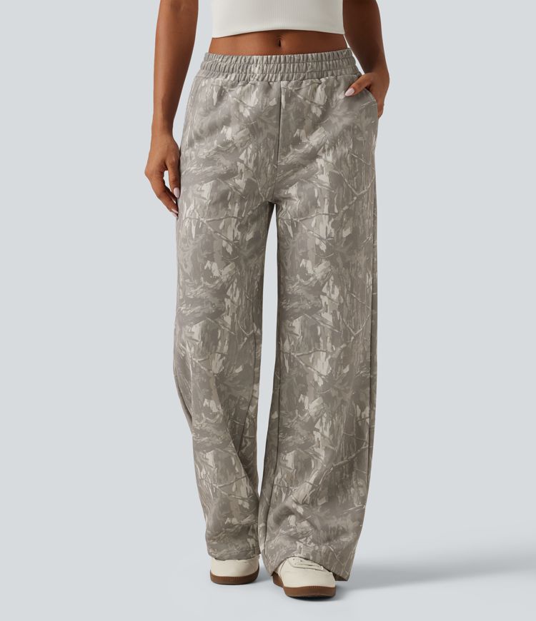 Mid Rise Straight Leg Patterned Inner Drawstring Fleece Casual Sweatpants with Pockets