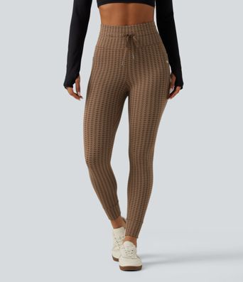 High Waisted Drawstring Houndstooth Yoga Leggings with Pockets