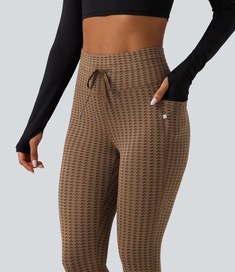 High Waisted Drawstring Houndstooth Yoga Leggings with Pockets