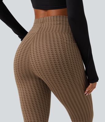 High Waisted Drawstring Houndstooth Yoga Leggings with Pockets