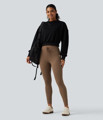 High Waisted Drawstring Houndstooth Yoga Leggings with Pockets
