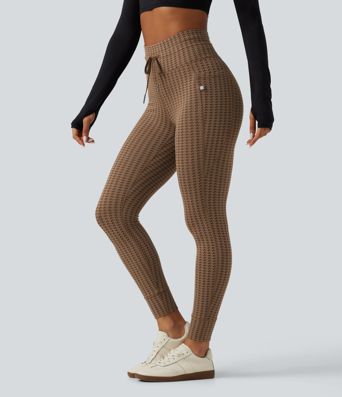 High Waisted Drawstring Houndstooth Yoga Leggings with Pockets