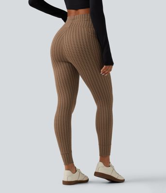 High Waisted Drawstring Houndstooth Yoga Leggings with Pockets