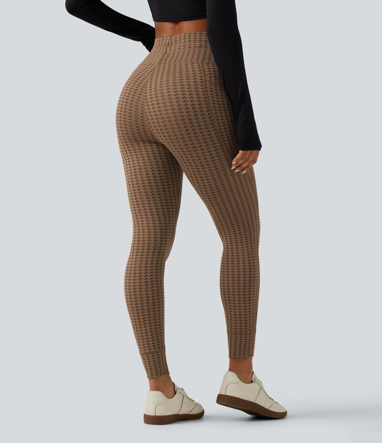 High Waisted Drawstring Houndstooth Yoga Leggings with Pockets