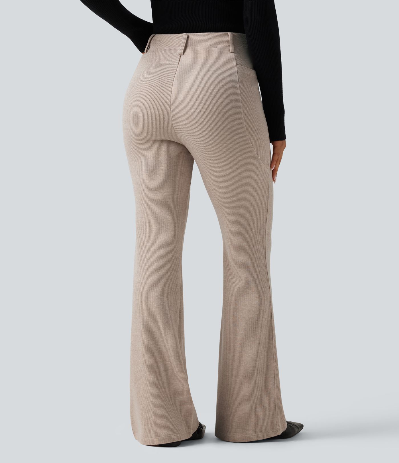 Ribbed High Waisted Tummy Control Casual Flare Pants with Pockets Ribbed High Waisted Tummy Control Casual Flare Pants with Pockets