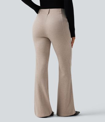 Ribbed High Waisted Tummy Control Casual Flare Pants with Pockets Ribbed High Waisted Tummy Control Casual Flare Pants with Pockets