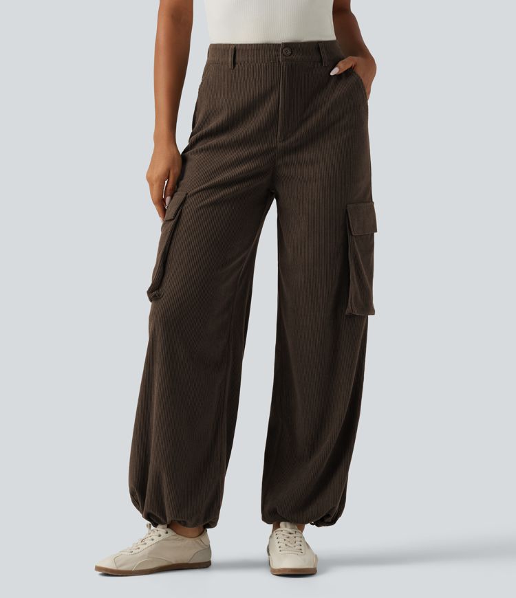 High Waisted Straight Leg Gathered Hem Corduroy Cargo Casual Pants with Pockets