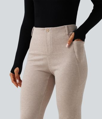 Ribbed High Waisted Tummy Control Casual Flare Pants with Pockets Ribbed High Waisted Tummy Control Casual Flare Pants with Pockets