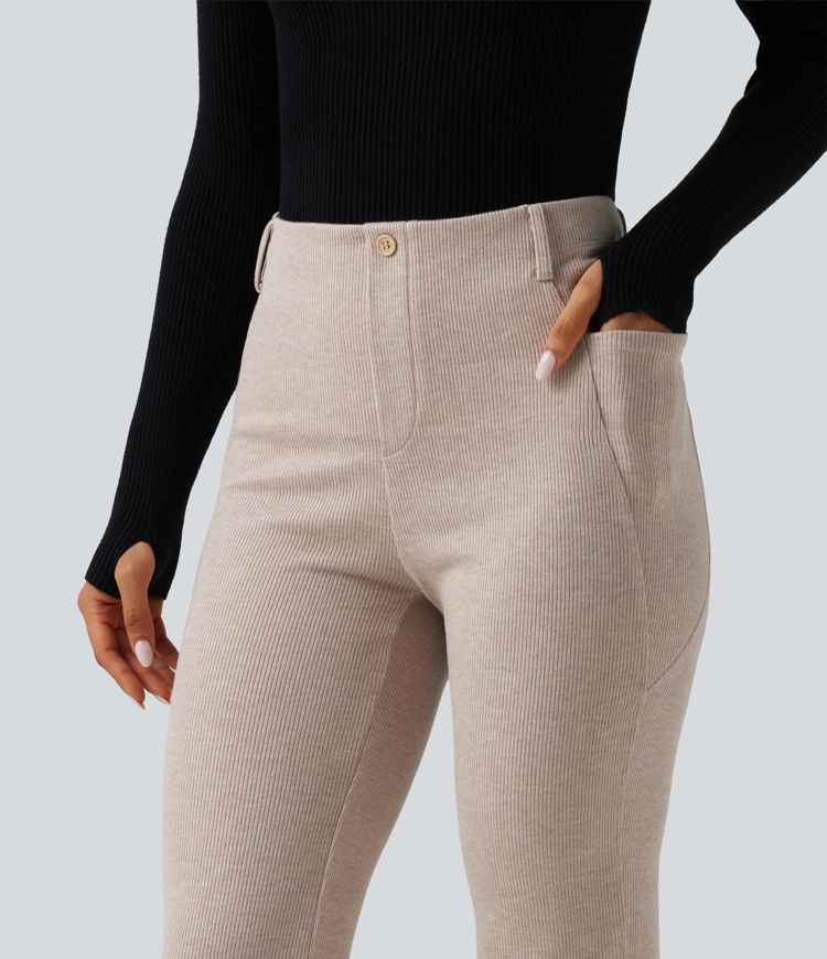 Ribbed High Waisted Tummy Control Casual Flare Pants with Pockets Ribbed High Waisted Tummy Control Casual Flare Pants with Pockets