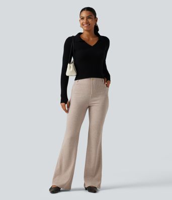 Ribbed High Waisted Tummy Control Casual Flare Pants with Pockets Ribbed High Waisted Tummy Control Casual Flare Pants with Pockets