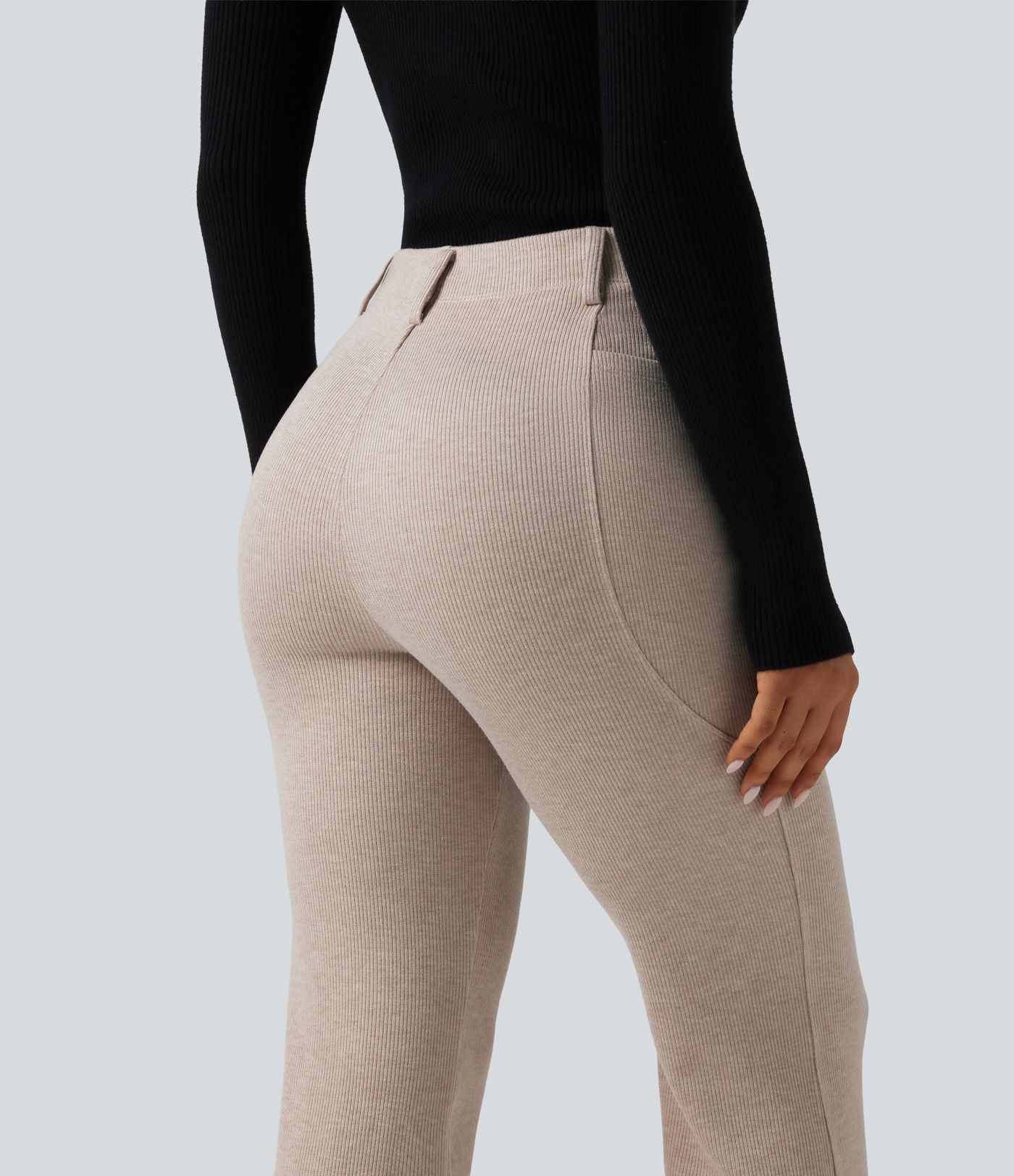 Ribbed High Waisted Tummy Control Casual Flare Pants with Pockets Ribbed High Waisted Tummy Control Casual Flare Pants with Pockets
