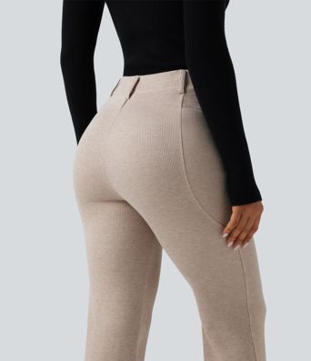 Ribbed High Waisted Tummy Control Casual Flare Pants with Pockets Ribbed High Waisted Tummy Control Casual Flare Pants with Pockets