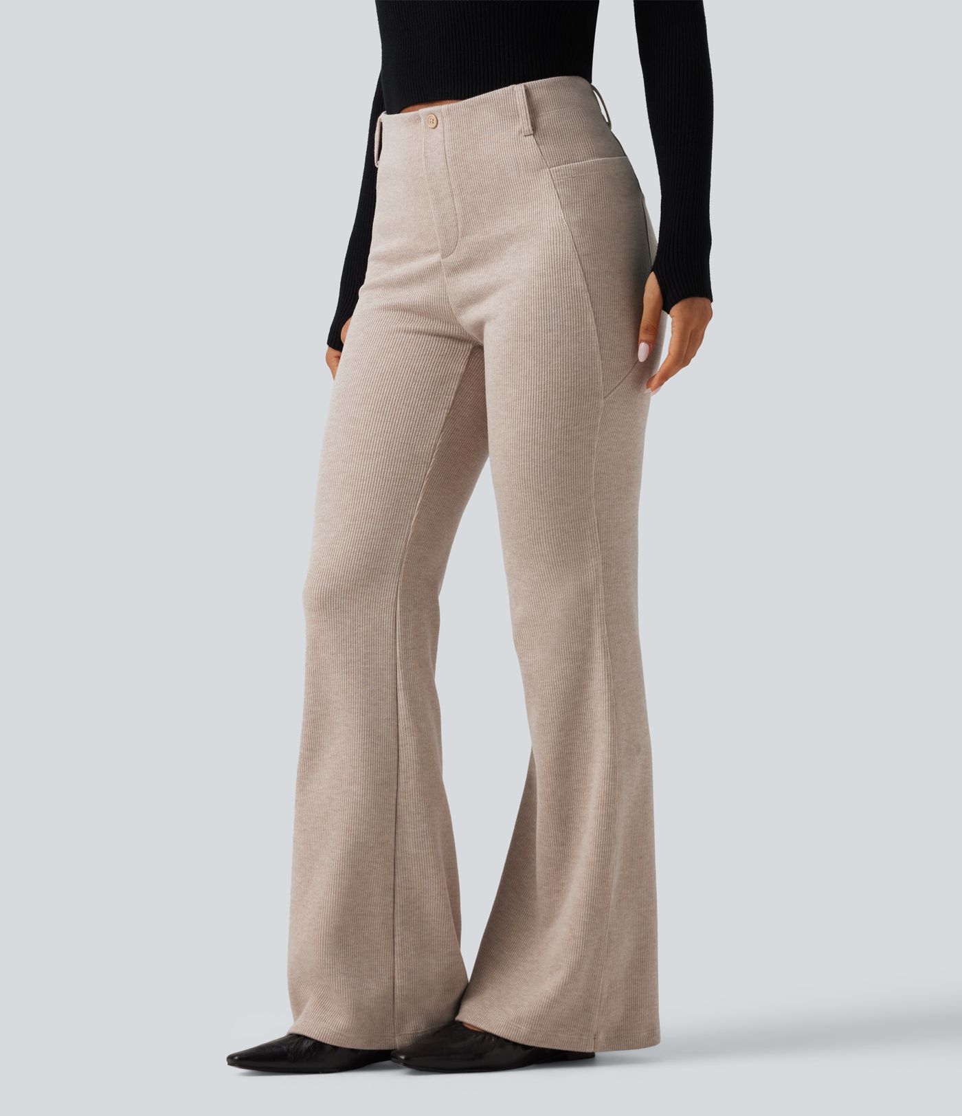 Ribbed High Waisted Tummy Control Casual Flare Pants with Pockets Ribbed High Waisted Tummy Control Casual Flare Pants with Pockets