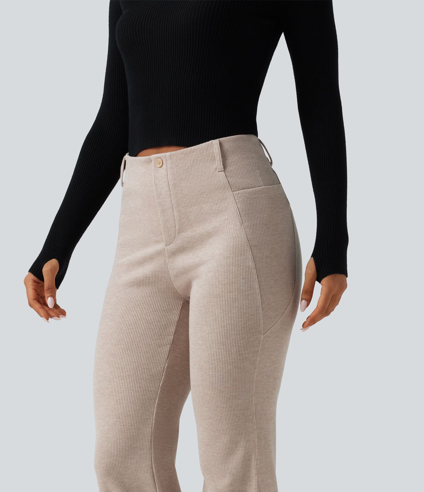 Ribbed High Waisted Tummy Control Casual Flare Pants with Pockets Ribbed High Waisted Tummy Control Casual Flare Pants with Pockets