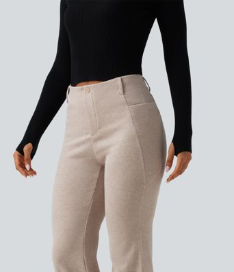 Ribbed High Waisted Tummy Control Casual Flare Pants with Pockets Ribbed High Waisted Tummy Control Casual Flare Pants with Pockets
