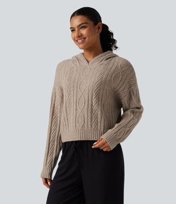 Cable Knit Hooded Long Sleeve Lounge Sweater