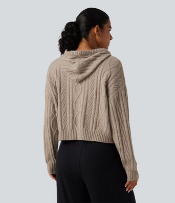 Cable Knit Hooded Long Sleeve Lounge Sweater