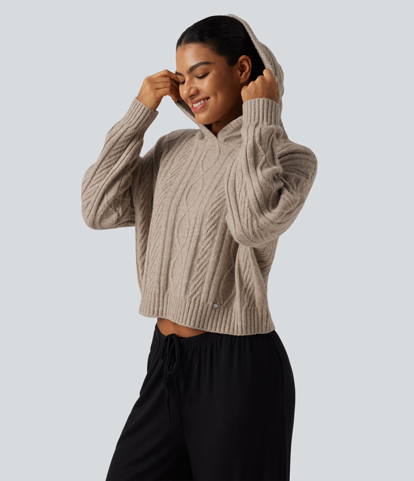 Cable Knit Hooded Long Sleeve Lounge Sweater