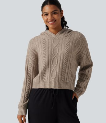 Cable Knit Hooded Long Sleeve Lounge Sweater