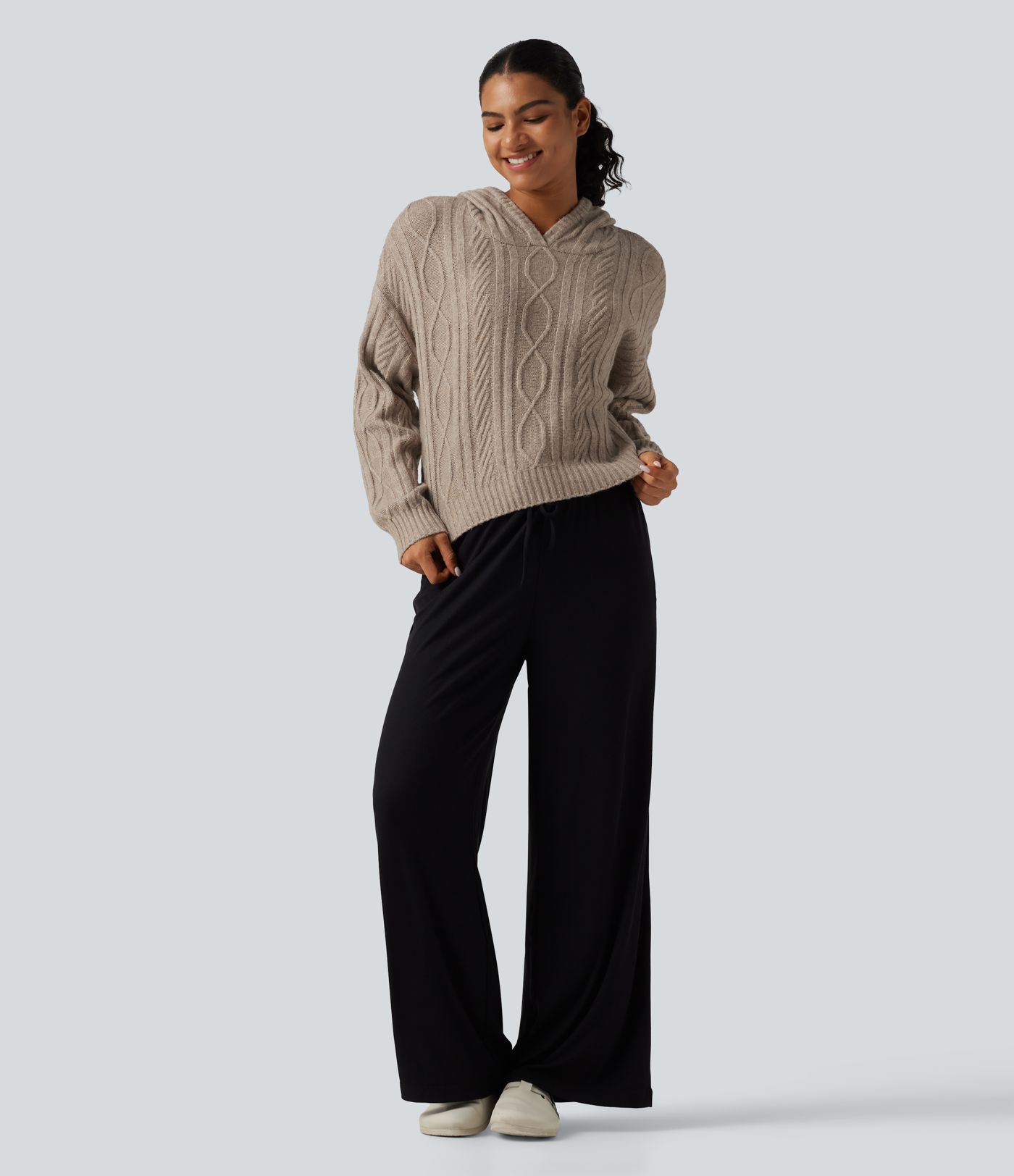 Cable Knit Hooded Long Sleeve Lounge Sweater