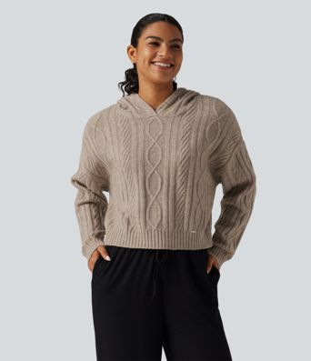 Cable Knit Hooded Long Sleeve Lounge Sweater