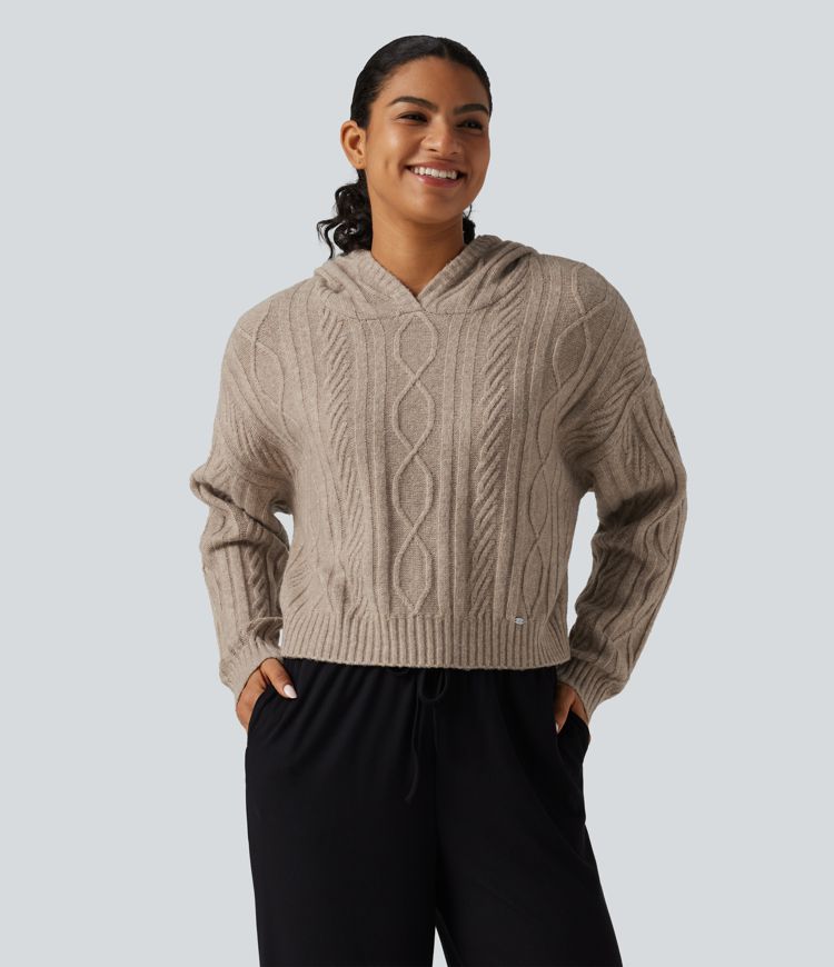 Cable Knit Hooded Long Sleeve Lounge Sweater