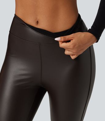 High Waisted Stretchy PU Fleece Skinny Casual Leggings with Pockets