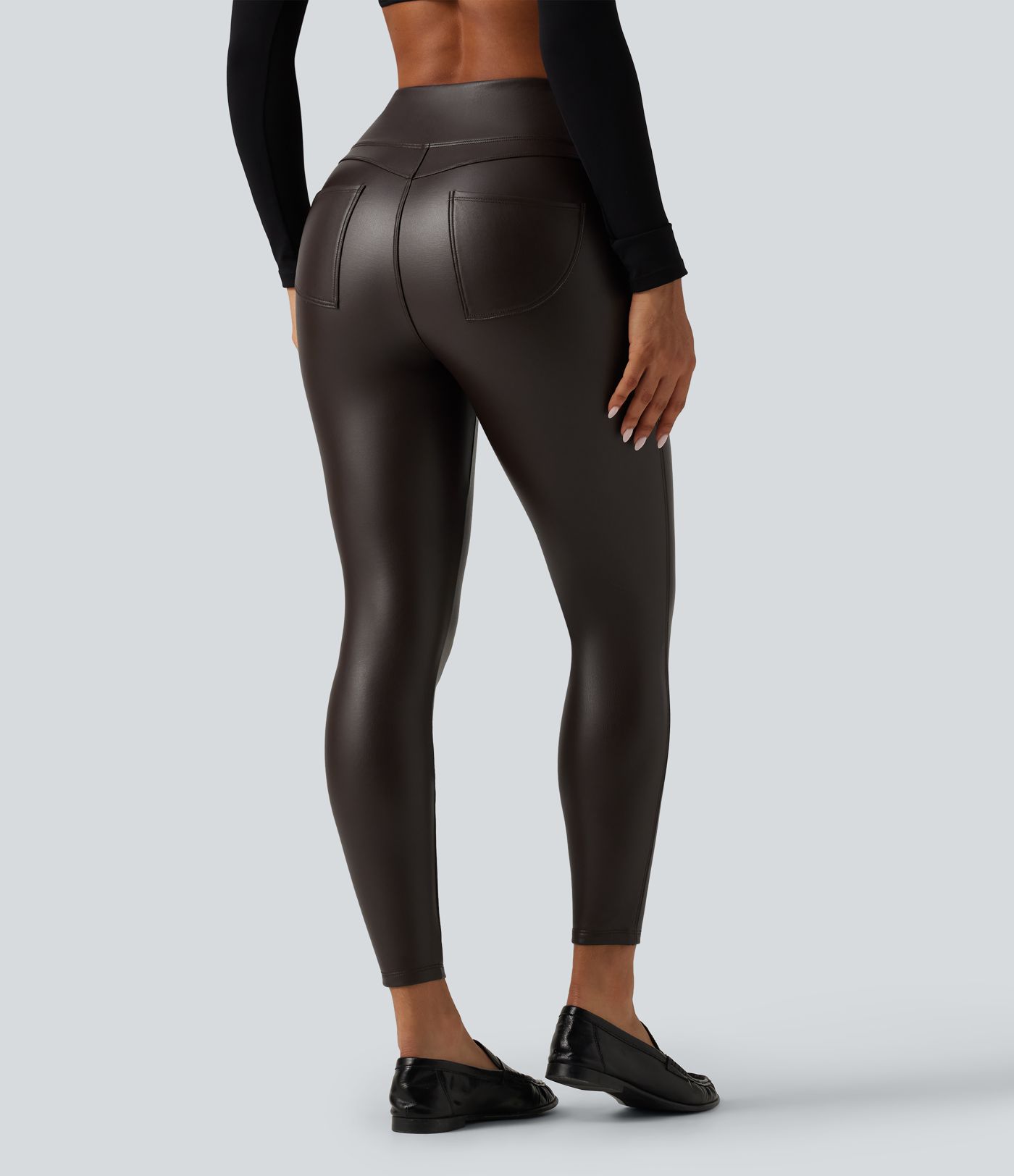 High Waisted Stretchy PU Fleece Skinny Casual Leggings with Pockets