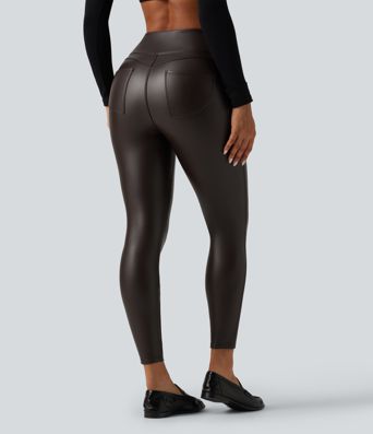 High Waisted Stretchy PU Fleece Skinny Casual Leggings with Pockets
