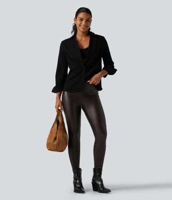 High Waisted Stretchy PU Fleece Skinny Casual Leggings with Pockets