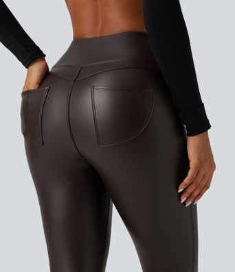 High Waisted Stretchy PU Fleece Skinny Casual Leggings with Pockets