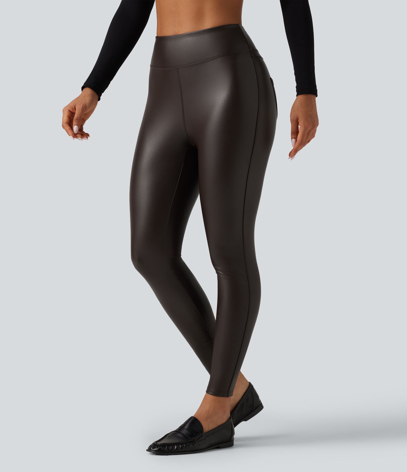 High Waisted Stretchy PU Fleece Skinny Casual Leggings with Pockets