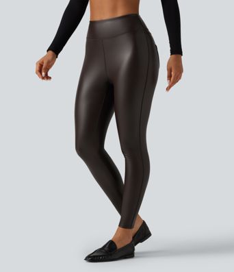 High Waisted Stretchy PU Fleece Skinny Casual Leggings with Pockets