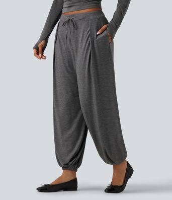 Mid Rise Drawstring Pleated Casual Joggers with Pockets